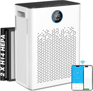 Повітряний фільтр з керуванням через додаток, HEPA H14, фільтр з активованим вугіллям, розумний очищувач повітря для дому з Alexa, для великих приміщень, Smart WiFi, KJ3-7S