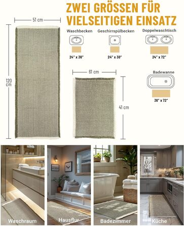 Набір килимків для ванної кімнати: антиковзаючі килимки, набір 2 шт., бохо-стиль, для ванної, спальні, вітальні, 51 x 120 см + 41 x 61 см, коричнево-білий (зелено-білий)