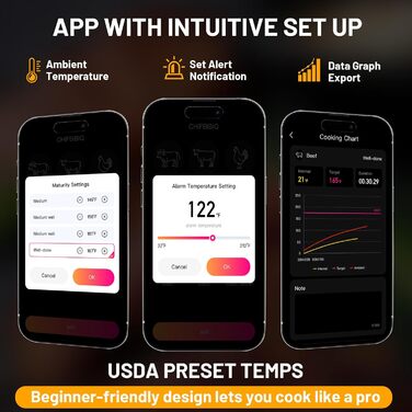 Цифровий термометр для м'яса – миттєве відображення температури, бездротовий, з двома датчиками, Bluetooth, водонепроникний IP67, для гриля та приготування їжі