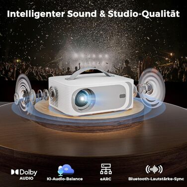Портативний проєктор Beamer 4K з Dolby Audio, HDR10, WiFi6, Bluetooth 5.4, Auto Fokus, для домашнього кіно та перегляду спортивних подій, білий