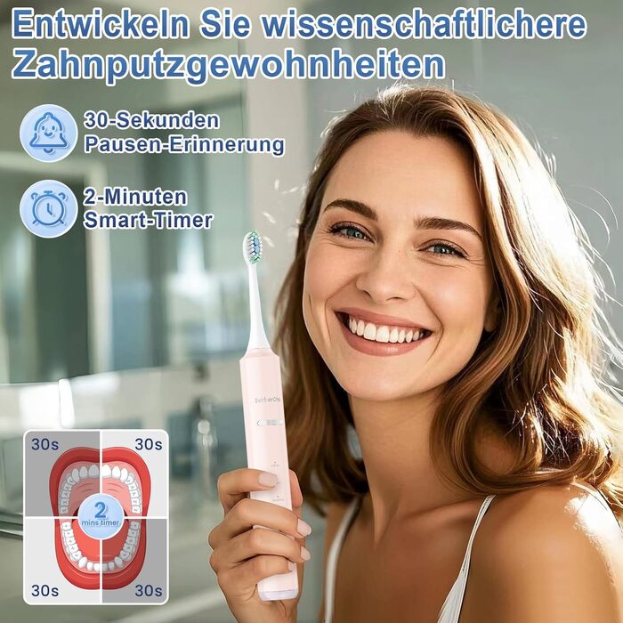 Електрична зубна щітка Betterchoi з магнітною левітацією, 41 000 VPM, 4 насадки, IPX7, 180 днів роботи від акумулятора, 5 режимів, таймер, рожева