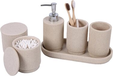 Набір для ванної кімнати 6 предметів: дозатор для мила, стаканчик для зубної щітки з підносом та коробочка для ватних паличок – смугастий дизайн, високоякісна смола (бежевий)