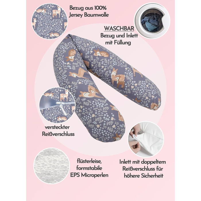 Подушка для вагітних Bear Classic 190 см, бавовняна подушка для сну та підтримки тіла, гіпоалергенна, принт Олень (100% джерсі бавовна)