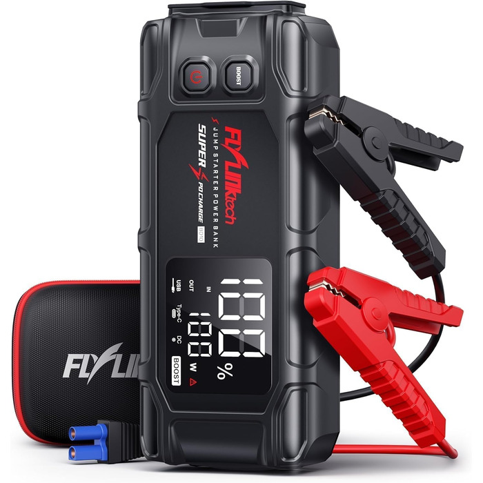 Powerbank Flylinktech 8000A для авто: стрибок старту, 26800mAh, PD65W, 8000A, для бензинових та дизельних двигунів (до 12.0L)