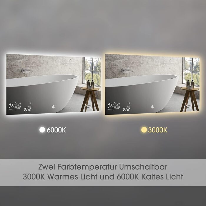 Дзеркало для ванної кімнати LED Byecold з підсвічуванням, 60x80 см, з Wi-Fi, погода та дата, сенсорне управління