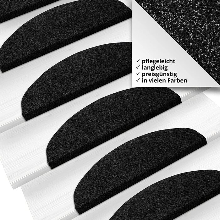 Килимки casa pura Textile Fibre Step Mats - 15 шт. самоклеящих, антрацитові напівкруглі, захист сходів для приміщень