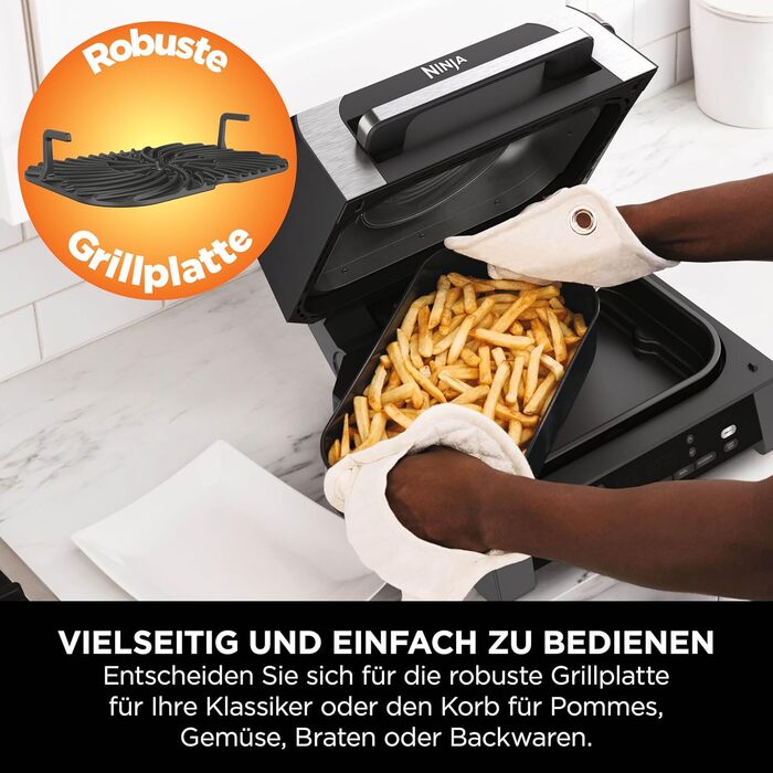 Ninja MAX 6-в-1 гриль та фритюрниця з гарячим повітрям для дому, 6 функцій приготування, об'єм 3.8 л, цифровий термометр, сірий/срібний, DG551EU