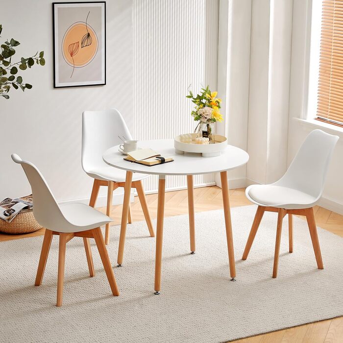 Круглий кухонний стіл WeDoо Holz, 80x80x74 см, натуральне дерево, скандинавський стиль, білий, 3 ніжки