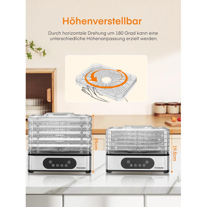 Електрична сушарка для продуктів FOHERE з нержавіючої сталі, 5 ящиків, LED-дисплей, 420W, 35-70°C, таймер 48h, для їжі, грибів, фруктів, м'яса, риби, овочів, без BPA