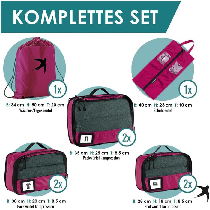 Набір компресійних органайзерів для одягу в подорож Packing Cubes, 8 предметів, малиновий — легкі сумки-пакувальники для валізи та рюкзака