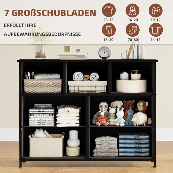 Комод Somdot з висувними ящиками, тканинний комод, комод для спальні, вітальні, прихожої, шафа для зберігання, 5 тканинних ящиків, білий колір, штучна шкіра (чорний, 30T x 100B x 74.5H см (7 ящиків))