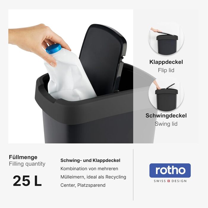Відро для сміття Rotho Salsa 25 л, пластикове, чорне, перероблене (33,3 x 25,2 x 47,6 см)