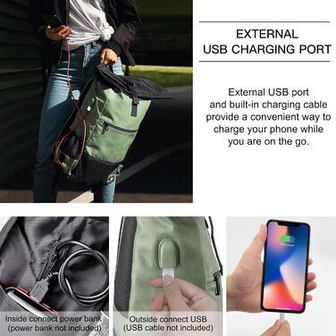 Рюкзак для ноутбука EverVanz Rolltop - шкіра та поліестер, порт USB, відділення для ноутбука 17 дюймів, водовідштовхувальний матеріал, зелений