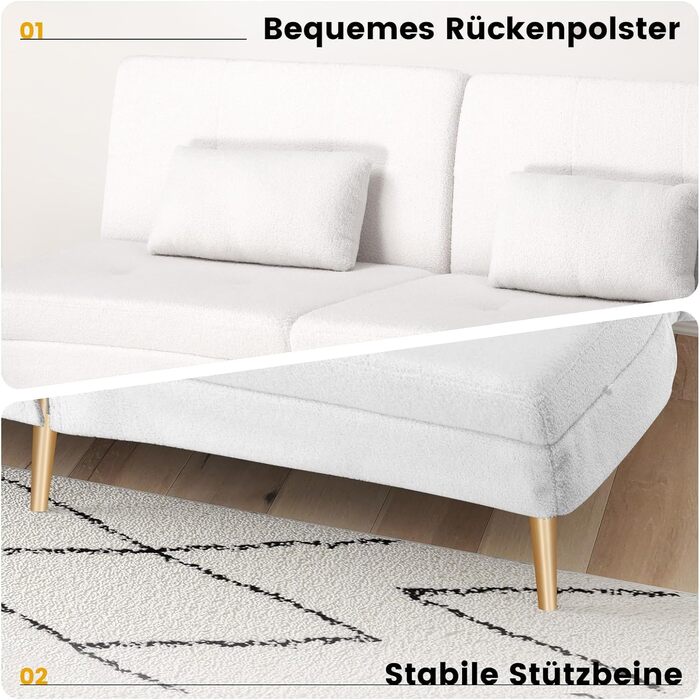 Диван-ліжко LUCKRACER 3-місний з функцією сну, обтягнутий штучним оксамитом (Teddy Velvet), білий. Ідеальний для вітальні та квартири.