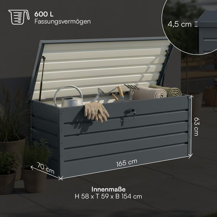 Скриня для саду STEELSØN Dorado 600л, металева оцинкована, водонепроникна, антрацит, з замком та відкидною кришкою - для саду, балкону, тераси 120x62x63 см