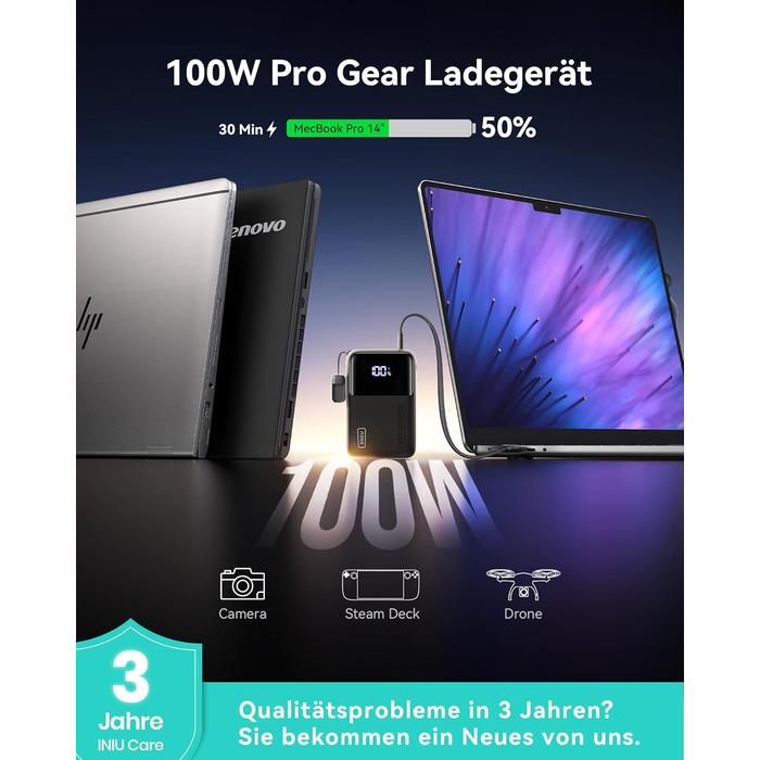 Портативний зарядний акумулятор INIU на 25000mAh, 100W, USB-C, для ноутбуків, телефонів, iPad, DJI, камер, iPhone 17/16/15/14, чорний