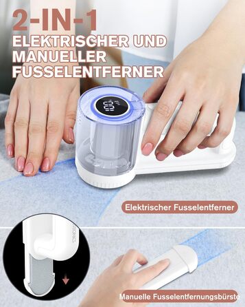 Електричний видальник ворсу Homtronics з USB-зарядкою, LED-дисплеєм та 6-кліновою головкою для одягу, диванів та килимів (білий)