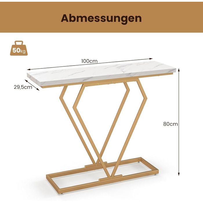 Консольний стіл COSTWAY, вузький, з ефектом мармуру та геометричним металевим каркасом, 100 см для вітальні, передпокою
