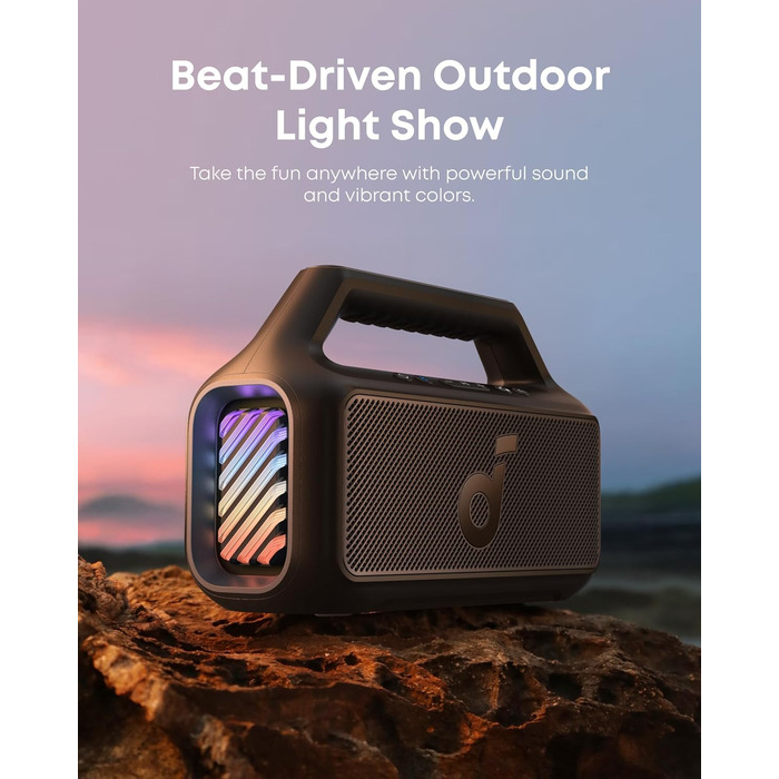 Soundcore Boom 2 - Портативна Bluetooth-колонка, 80W, сабвуфер, BassUp 2.0, 24 години, IPX7, LED, USB-C, BT 5.3, Чорна
