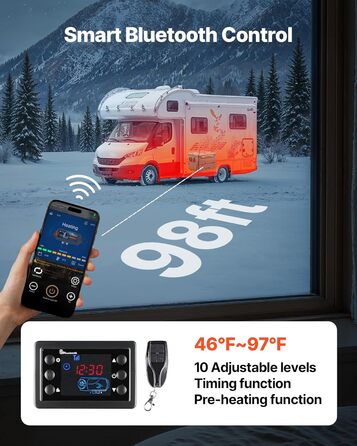 Дизельний опалювач VEVOR 8 кВт, 12/24V, портативний, з Bluetooth, пультом ДУ та LCD, 5л бак, для вантажівок та автодому