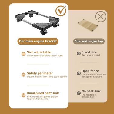 Підставка для CPU (процесора) ПК: Алюмінієва підставка для комп'ютера, універсальний регульований кріплення для CPU з 2 фіксованими колесами та 2 поворотними колесами на 360°, для настільних комп'ютерів або корпусів (чорний)