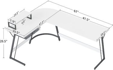 Кутовий письмовий стіл CubiCubi L-подібний, стійкий, з підставкою для монітора та шухлядами, 170x120 см, білий