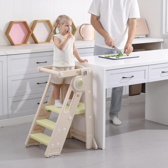 Зручний складаний навчальний столик-сходинка Hoopyosms для дітей, Montessori, регульована висота, для кухні, ванної кімнати та дитячої кімнати, мультифункціональний, від 1 року (зелений, 2-в-1)