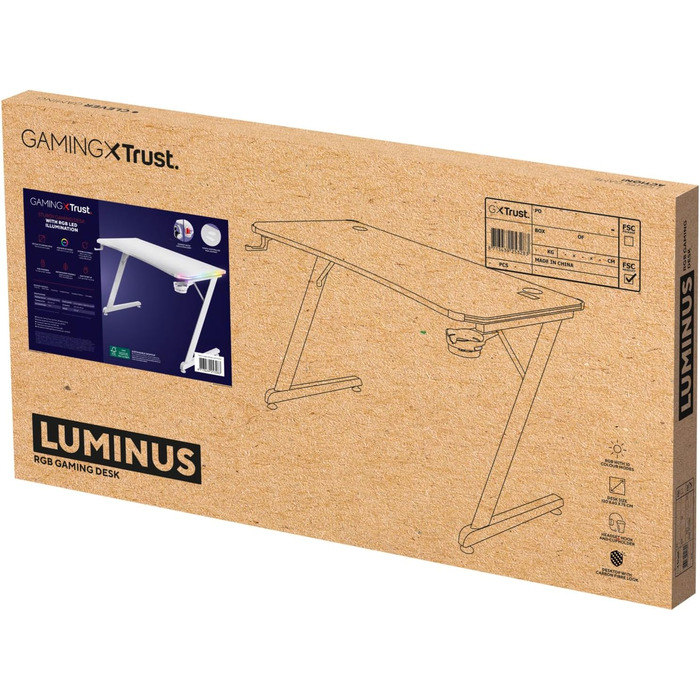 Ігровий стіл Trust Gaming GXT 709W Luminus RGB з підсвічуванням LED, 10 режимів, USB, білий, з тримачем для навушників та напоїв, 120 x 60 см