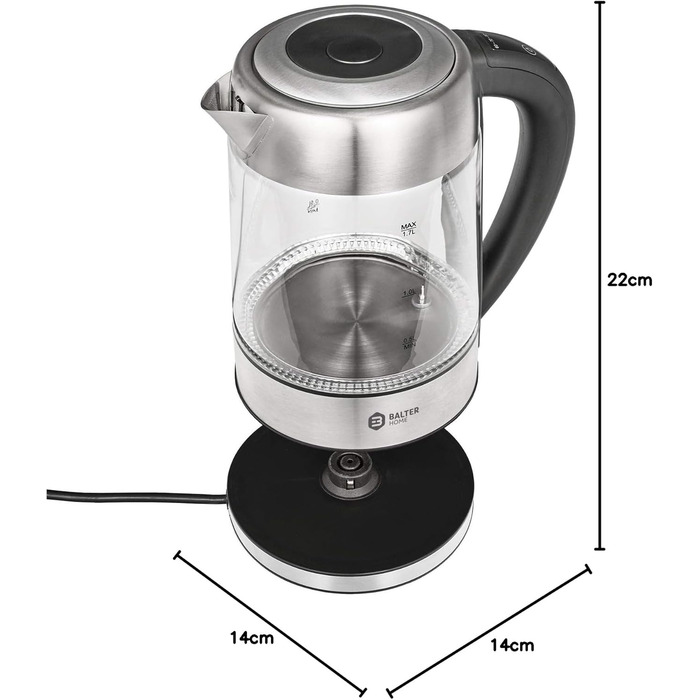 Електричний чайник BALTER з регулюванням температури, 1.5L, 2200W, білий (скло)