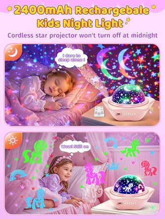 Проєктор зоряного неба One Fire Sternenhimmel для дітей: 96 режимів + 6 фільмів, нічник, обертання 360°, рожевий, з пультом ДУ, подарунок для дівчаток 1-9 років