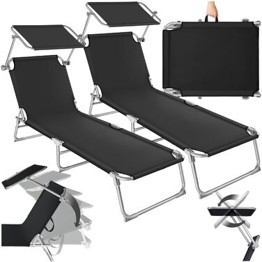 Шезлонги для саду Tectake (2 шт.) з сонцезахистом, розкладні, для балкона/тераси, регульована спинка, до 110 кг, чорний