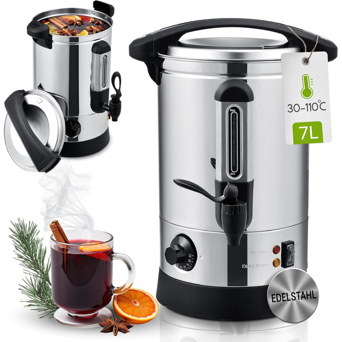 Електричний диспенсер для глінтвейну Juskys Teramo 7 літрів, 1500W з краном, термостатом та захистом від перегріву, 30-110°C, нержавіюча сталь