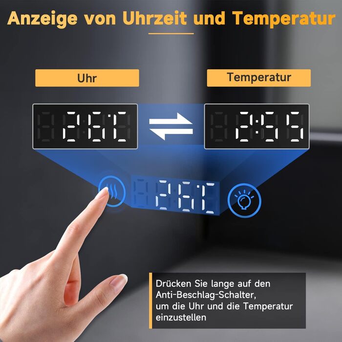 Дзеркало для ванної кімнати SONNI з підсвічуванням 80x60 см, 3 кольори світла, проти запотівання, LED, сенсорне керування, годинник, температура, 3-кратне збільшення