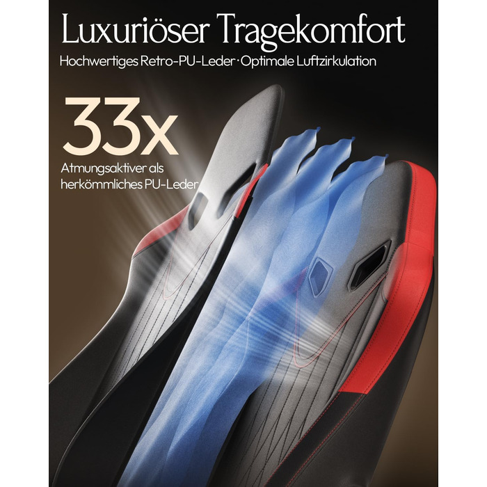 Ігровий крісло Dowinx з масажем, ергономічний дизайн, підтримка попереку та шиї, до 135 кг, шкіра, чорний (червоний)