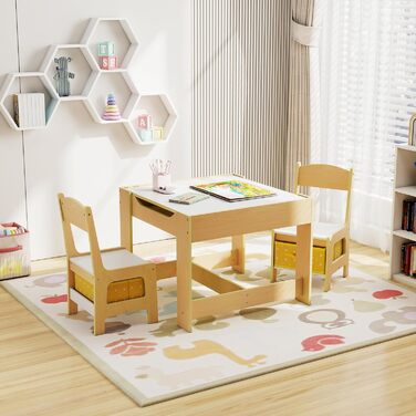 Дитячий меблевий набір GOPLUS 3в1: стіл та 2 стільці, дерев'яний, з місцем для зберігання, для дому, жовтий