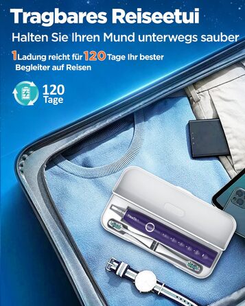 Електрична зубна щітка зі звуковими вібраціями, 8 насадок (3 типи), таймер, 120 днів роботи від акумулятора, 5 режимів чищення, чохол для подорожей, зарядний пристрій, що кріпиться до стіни (фіолетовий)
