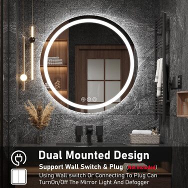 Дзеркало для ванної кімнати з підсвічуванням, 60 см, кругле, з антизапарюючим покриттям, диммер, 3 кольори світла, 60x60 см