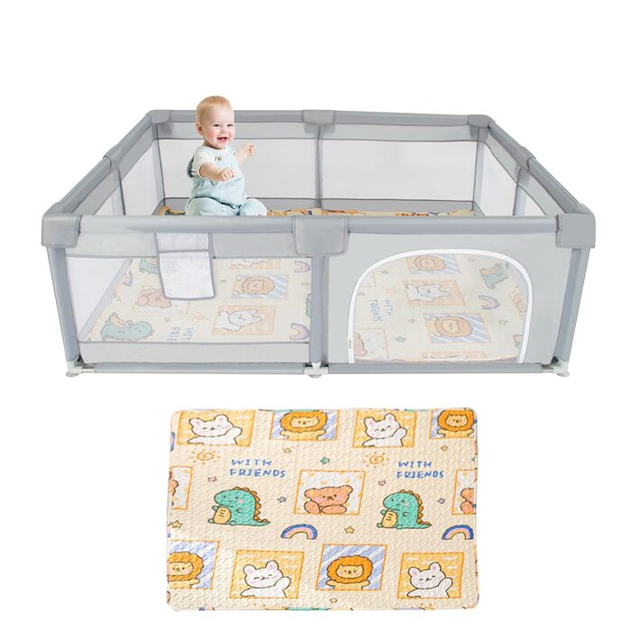 Манеж для немовлят Gupamiga 150x180x65 см з ігровим килимком, дихаючою сіткою та захисними бортиками, легкий монтаж і очищення
