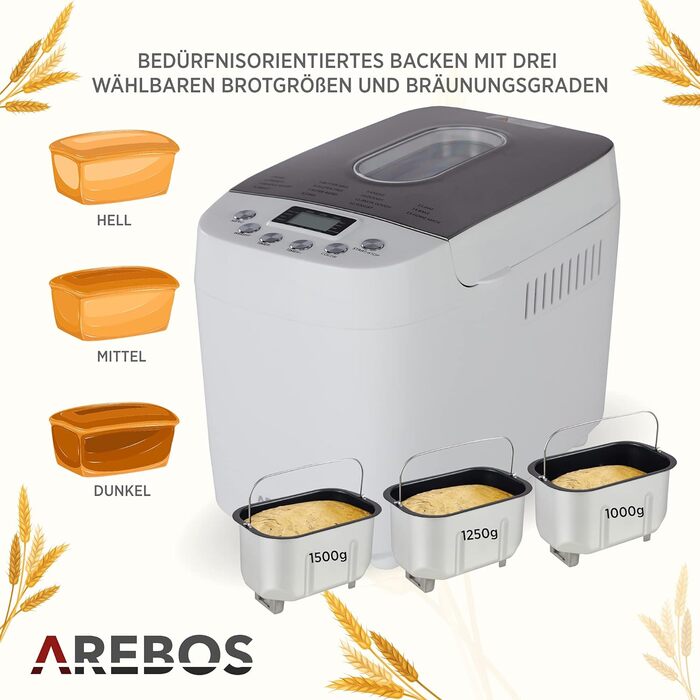 Хлібопічка Arebos 1500г з 15 програмами 2 гачки для тіста Таймер РК-дисплей 3 ступені підрум'янювання та розміри хліба 850 Вт Білий