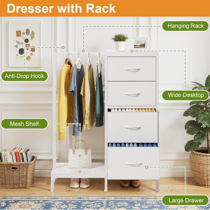 Комод 111 см з 4 висувними ящиками з тканини, полиця для одягу, білий комод для спальні, вітальні, передпокою, шафа для одягу, подарунок, 30T x 76.5B x 111H см (4 ящики), білий