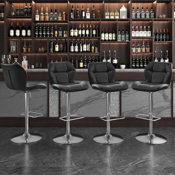 Барні стільці Yaheetech 4 шт. регульовані по висоті, 360° обертання, з підніжкою, чорні, PU-шкіра, для кухні