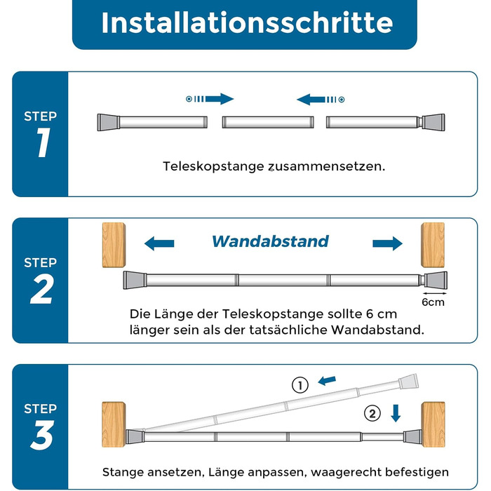 Штанга для штор без свердління AIZESI, 113-197 см, телескопічна, діаметр 22 мм, біла
