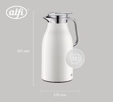 Термос Alfi SKYLINE 1,5л, кокосовий білий матовий, з нержавіючої сталі, з гігієнічним скляним вкладишем, з поворотним кришкою та зручною кнопкою, ергономічна ручка, для однієї руки, ідеальний як кавоварка 1500 мл Coconut White Mat