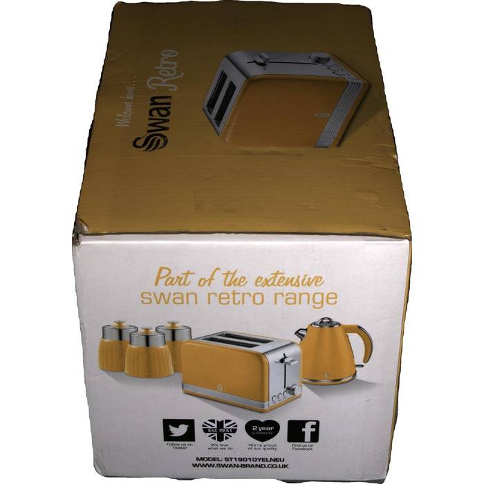 Тостер Swan Retro ST19010, 2-слотовий, широкий, 815 Вт, 6 режимів, нержавіюча сталь, жовтий, ретро-дизайн, розморожування, підігрів, скасування