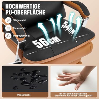 Ергономічне крісло для офісу, шкіра PU, крісло для керівника, 200 кг, з підніжкою та підтримкою попереку, для дому/офісу, регульоване, висока спинка, чорне