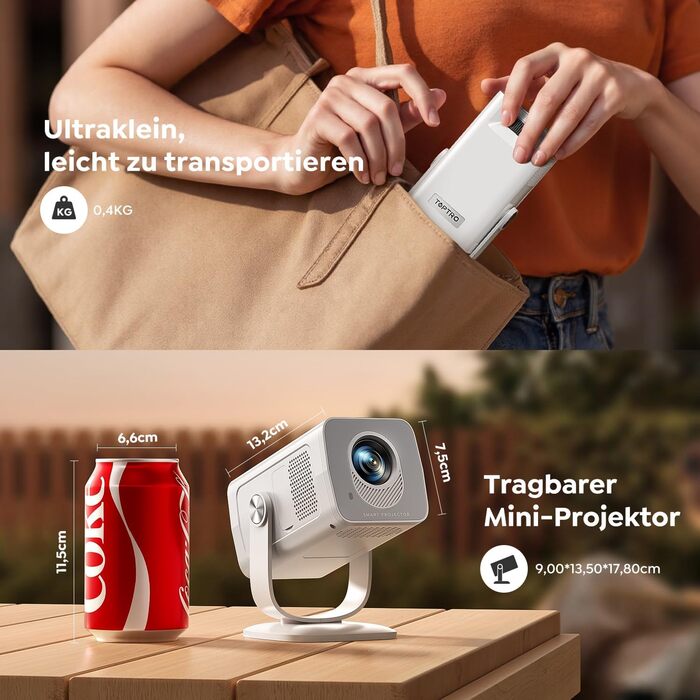 Портативний проєктор Mini Beamer 4K з підтримкою Android 13, WiFi 6, Bluetooth 5.4 та обертанням 270°. Підходить для домашнього кінотеатру, використання на вулиці та підключення до HDMI, Android, iOS, PC, USB. Автоматична корекція трапеції. Білий колір.