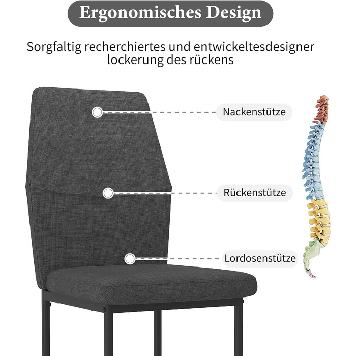 Стілець для обідньої кімнати GOLDFAN (4 шт.) з тканини льон, сірий (чорний), сучасний дизайн, з металевими ніжками