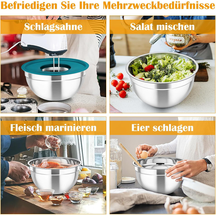 Набір салатниць TEAMFAR 6 шт. з нержавіючої сталі з кришками та силіконовим дном, багатофункціональний, для миття в посудомийній машині, 0,7Л / 1,5Л / 1,6Л / 2,5Л / 2,8Л / 4,6Л (Кольоровий, з 3 тертками)