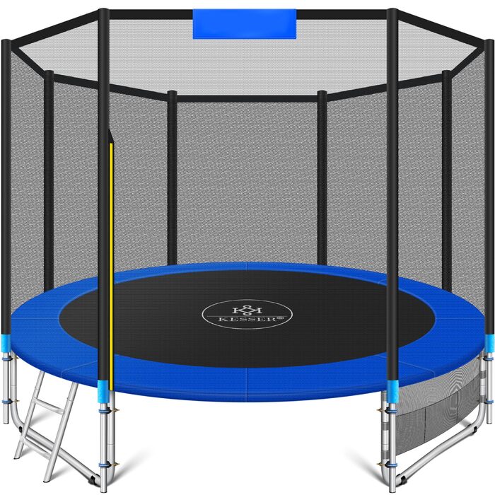 Батут KESSER Ø 427 см з сіткою, драбиною та захисним покриттям – для дітей, до 150 кг, блакитний