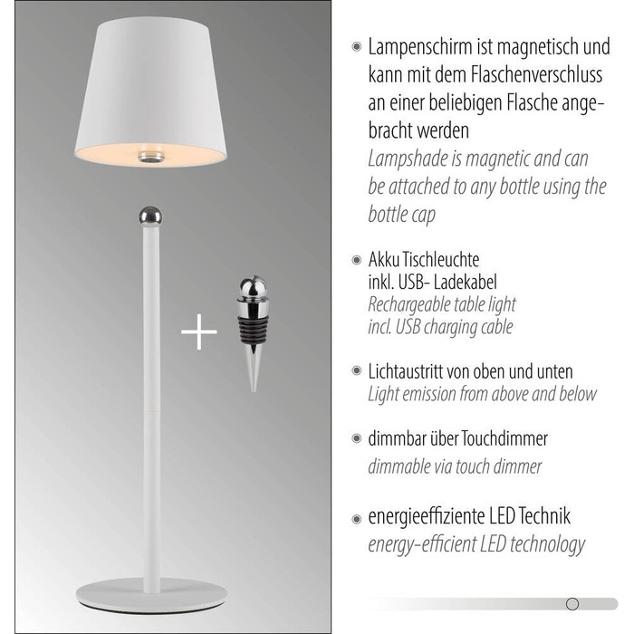 LED настільна лампа SellTec на акумуляторі, USB, біла, диммувана, IP54 для саду, кемпінгу, балкону або тераси